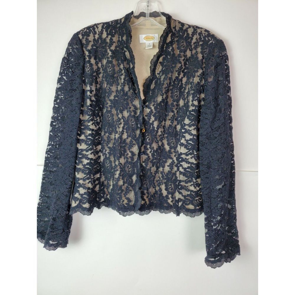 Talbots Women's Button Up Black V-Neck Lace Blouse Top Size 6